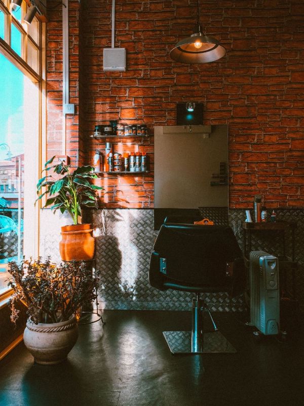Sillón junto a una pared de ladrillo y plantas