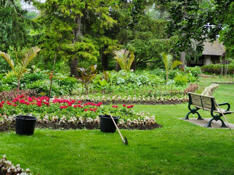 Aiuola di fiori rossi e bianchi con una panchina sullo sfondo