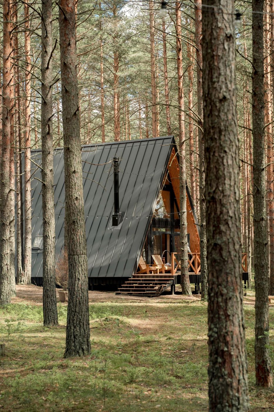 Cabaña de madera en forma de A entre árboles altos