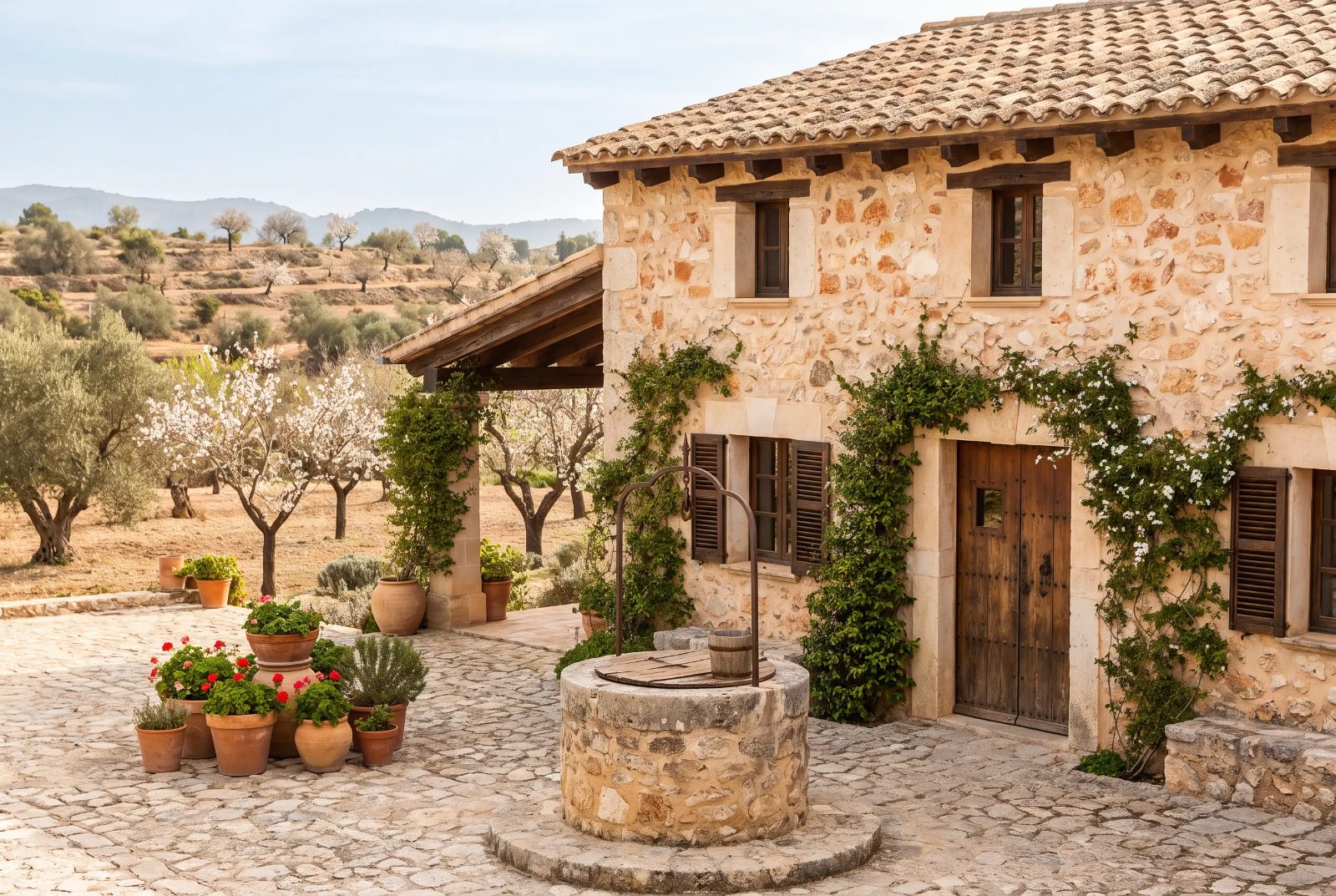 Patio de piedra con pozo y puerta de madera