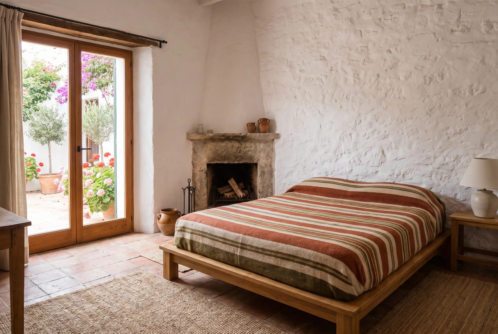 Habitación blanca con chimenea y puerta al jardín