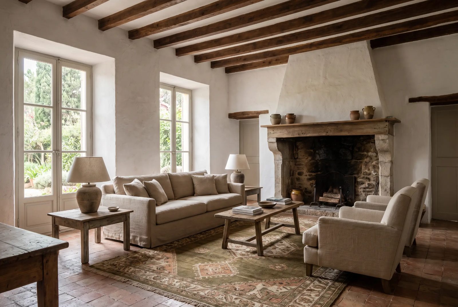 Salón con chimenea de piedra