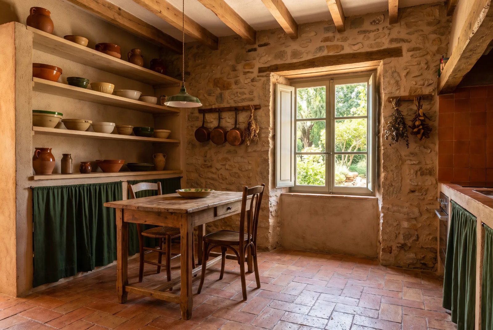 Cocina rústica con baldosas de barro