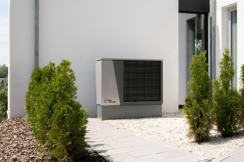 Außengerät zwischen Pflanzen neben der Fassade
