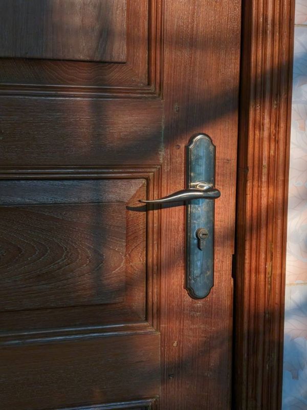 Porte en bois rougeâtre avec une poignée métallique