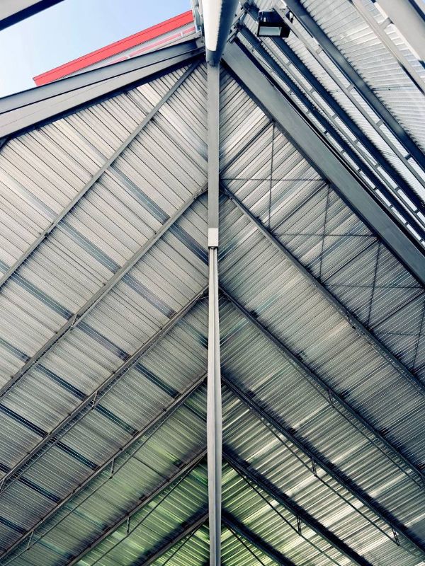 Metal frame of a roof seen from below