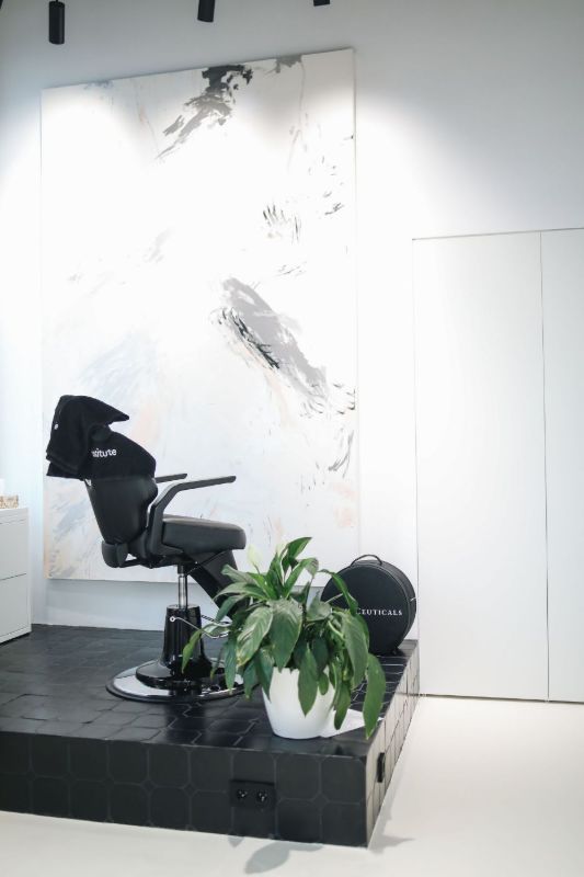 Sillón negro y planta en un rincón blanco